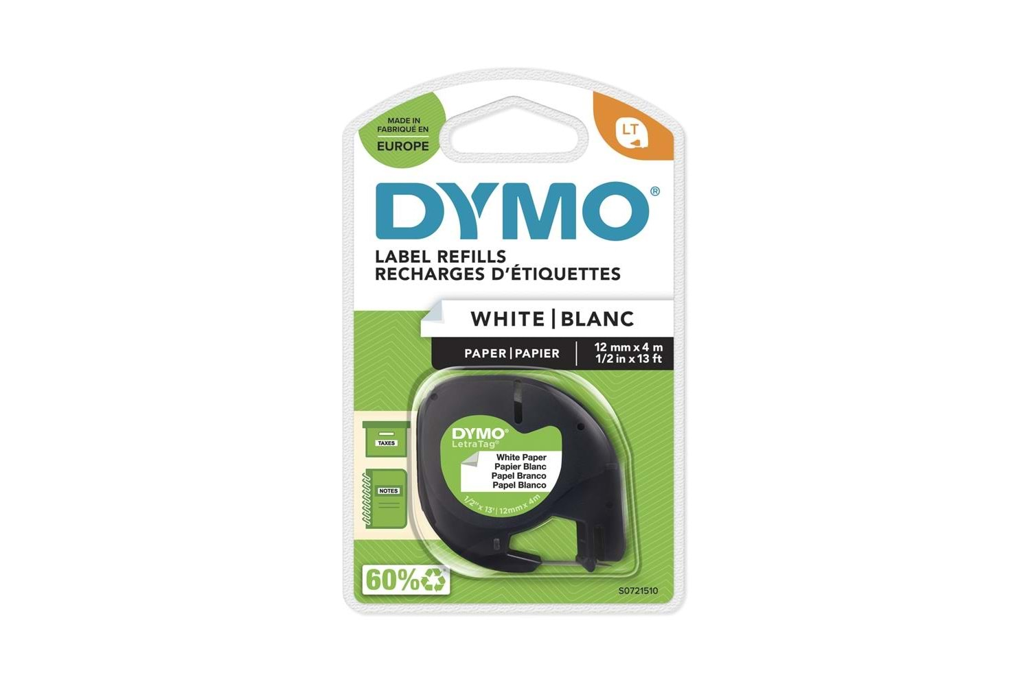 DYMO S0721510 LetraTag Kağıt Şerit ( 12mm x 4 mt ), Beyaz ( 59421) 91200