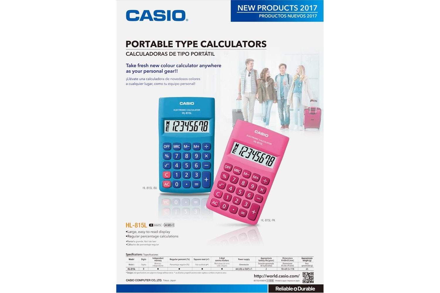 Casio HL-815L-PK 8 Hane Pembe Cep Tipi Hesap Makinesi