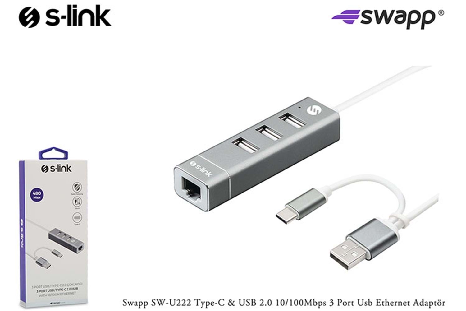 S-link Swapp SW-U222 Type-c Usb 2.0 10-100mbps 3 Port Usb Ethernet Adaptör