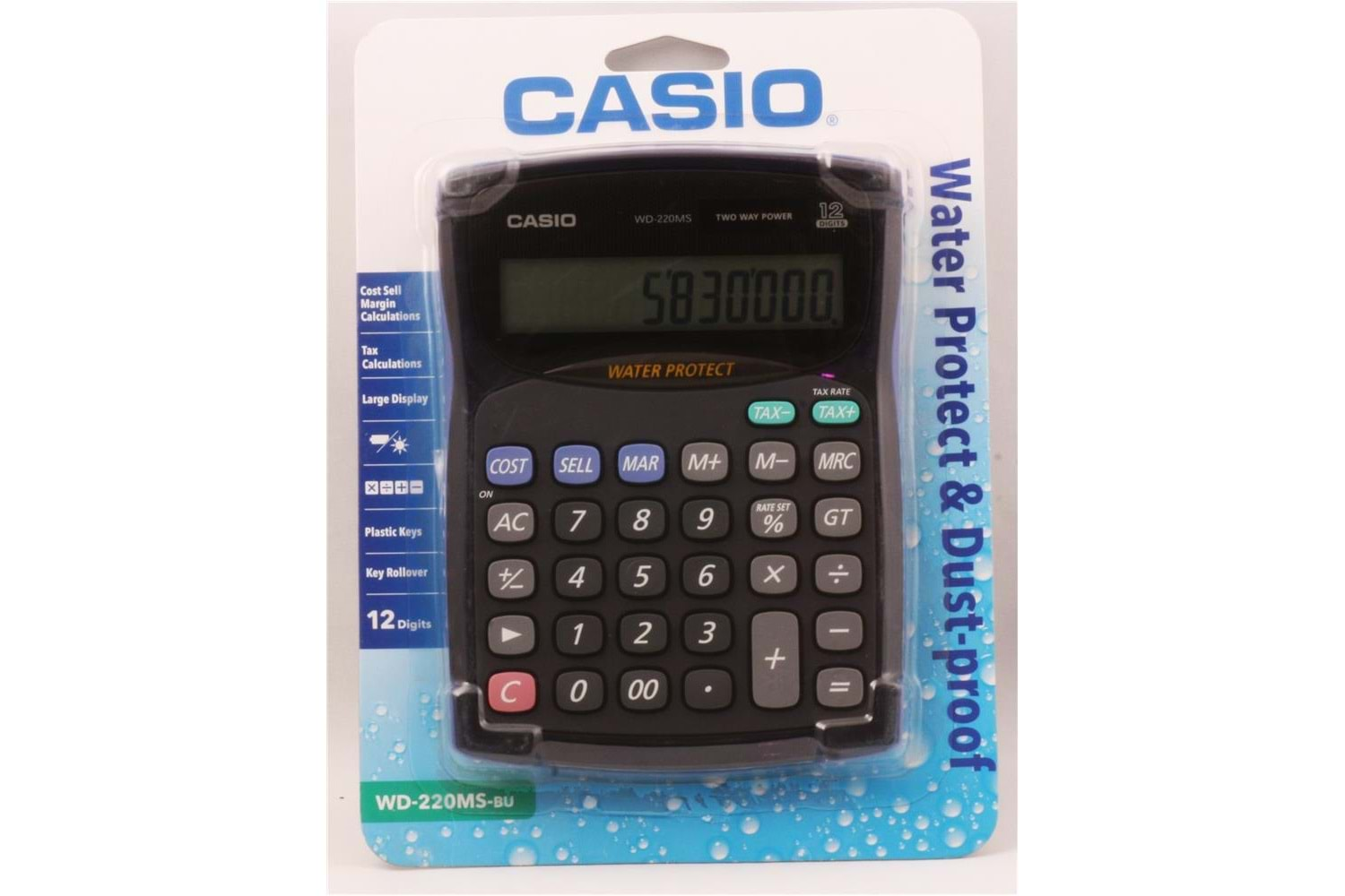 Casio WD-220MS-BU 12 Hane Suya-Toza Dayanıklı Masa Üstü Hesap Makinesi