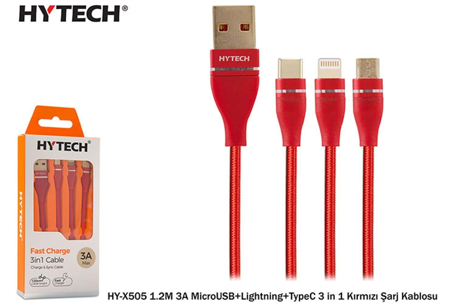 Hytech HY-X505 1.2M 3A MicroUSB+Lightning+TypeC 3