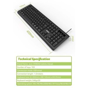 Acer OAK-0A0 Siyah Kablolu Sessiz Tuşlu Klavye (Caps Lock) (Kablo Uzunluğu 1.50Cm) Caps Lock