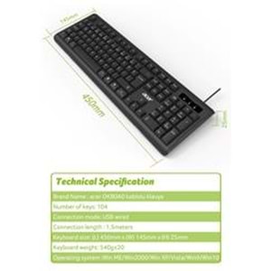 Acer OAK-0A0 Siyah Kablolu Sessiz Tuşlu Klavye (Caps Lock) (Kablo Uzunluğu 1.50Cm) Caps Lock