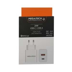 Megatech 20w Beyaz USB-C USB-A Şarj Kafa QC:3.0-PD:3.0 