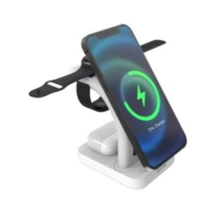 S-link SW-CWF130 Beyaz Telefon Kulaklık Akıllı Saat 15W 3 in 1 Magsafe Led Logo Kablosuz Şarj Cihaz
