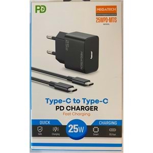 Megatech 25Wpd-Mt-S 25w Type-C Ev Şarj Kafa+Type-c to Typec Kablo ( Hızlı Şarj ) 
