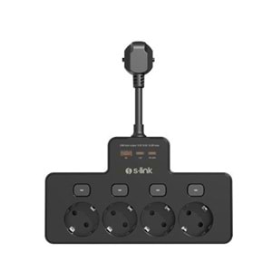 S-link PRZ08 Siyah 4 Soketli 15cm 1 USB 2 Type-C PD20W Tam Bakır Kablolu Akım Korumalı Priz