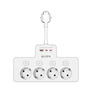 S-link PRZ08 Beyaz 4 Soketli 15cm 1 USB 2 Type-C PD20W Tam Bakır Kablolu Akım Korumalı Priz