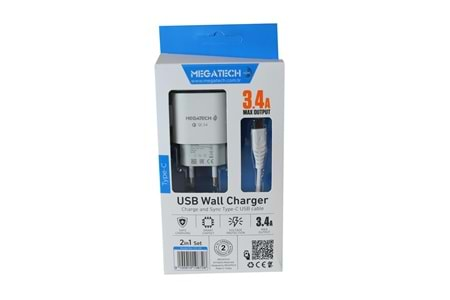 Megatech CC-03 (MT-Ct34 )3.4A Type-C Usb Kablo+ Ev Şarj Adaptör Hızlı Şarj