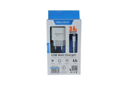 Megatech CC-03 (MT-Cl34) 3.4A Lightning Usb Kablo + Ev Şarj Adaptörü Hızlı Şarj