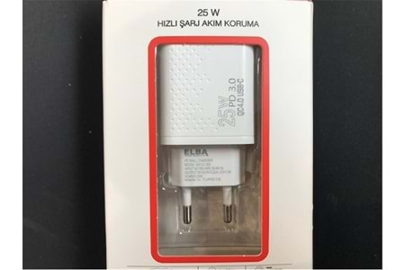 Elba ELB01-25WPD Beyaz 25W Şarj Kafa Type USB-C PD3.0-QC4.0(Akım Koruma-Hızlı Şarj-Isıya Dayanıklı)