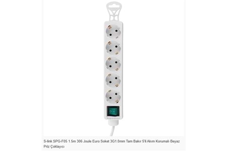 S-link SPG-F05 1.5m 306 Joule Euro Soket 3G1.0mm Tam Bakır 5li Akım Korumalı Beyaz Priz Çoklayıcı