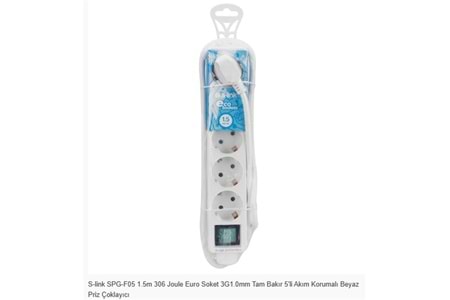 S-link SPG-F05 1.5m 306 Joule Euro Soket 3G1.0mm Tam Bakır 5li Akım Korumalı Beyaz Priz Çoklayıcı