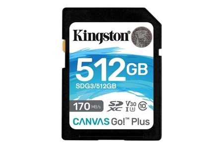 Kingston SDG3-512GB 512GB SDXC Canvas Go Plus 170R C10 UHS-I U3 V30 Hafıza Kartı