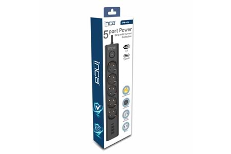 INCA IPW-44TU 5li 1,5mt Siyah 3Usb+Typ-C Akım Korumalı Led Tuşlu Priz 