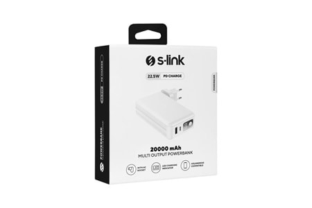 S-link G225 20000mAh Lightning+Type-C Kablolu Powerbank Beyaz 5W Prizli Taşınabilir Pil Şarj Cihazı