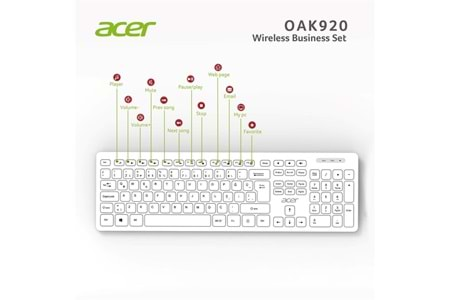 Acer OAK-920 Beyaz Kablosuz Sessiz Tuşlu 2.4Ghz Klavye Moue Set Beyaz (Mouse 1200Dpı)