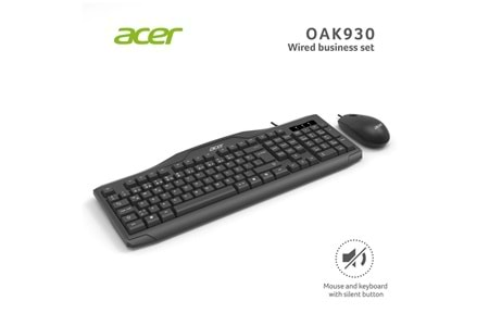 Acer OAK-930 Kablolu Sessiz Tuşlu Klavye Moue Set Siyah (Klavye 1,40Cm-Mouse 1.60Cm Kablo)