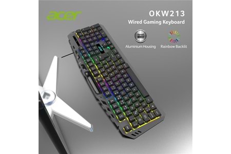 Acer OKW213 Siyah RGB Rainbow Backlit Gaming Keyboard Rainbow (Kablo Uzunluğu 1,5mt)