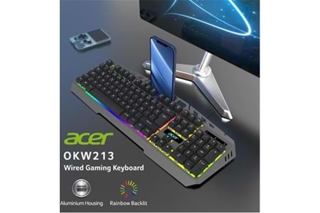 Acer OKW213 Gri RGB Rainbow Backlit Gaming Keyboard Rainbow (Kablo Uzunluğu 1,5mt)