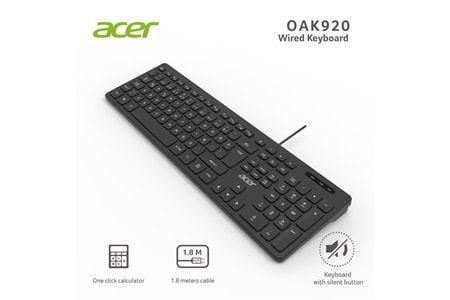 Acer OAK920 Q Usb SİYAH 1.8mt Kablolu Klavye-Tek Tuş Hesap Makinalı (Sessiz Tuş)