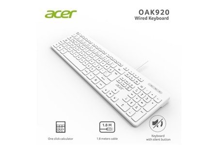 Acer OAK920 Q Usb Beyaz 1.8mt Kablolu Klavye-Tek Tuş Hesap Makinalı (Sessiz Tuş)