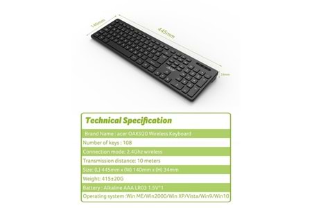 Acer OAK-920 Siyah Kablosuz Klavye 2.4Ghz Caps Lock (Smart Tv- Wifi)