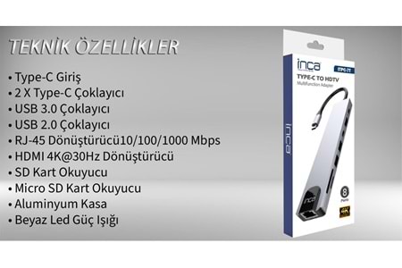 Inca ITPC-7T Type-C Giriş 2XType-C Çoklayıcı RJ-45 HDMI 4K@30 USB 3.0 Çoklayıcı Micro SD Kart 