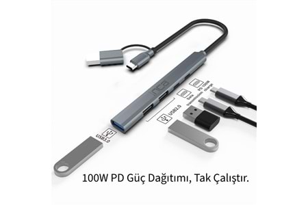 Inca IUTP-06TX 5in1 USB 3.0 + 2xUSB 2.0+Type-C+PD 100W USB+Type-C Çoklayıcı 3.0 ile 5 Gbps