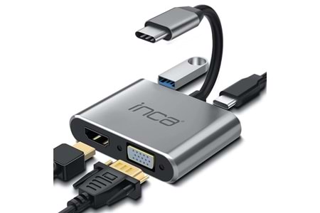 Inca ITPC-06TX USB C 4in1 – HDMI+VGA+USB+Güç Dağıtım Adap 4K@30Hz HDMI Çoklayıcı 100W PD Güçı