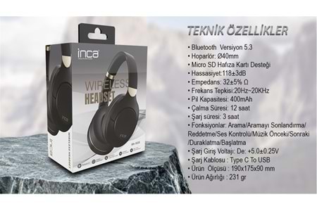 Inca IBK-503S Siyah 5.3 Bluetooth Wireless Kulaklık Micro Sd Kulaklık 400mah Type-c To USB