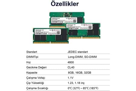 Transcend 32GB(1x32GB) 4800Mhz SODIMM CL40 DDR5 Notebook Ram (JM4800ASE-32G)