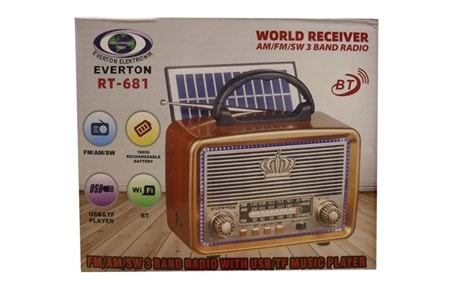 Everton RT-681 Solarlı,Ledli, Şarjlı Nostaljik Radyo (FM-AM-SW-USB-TF)