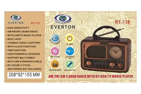 Everton RT-718 Bluetooth-USB-SD-FM Şarjlı Nostaljik Radyo