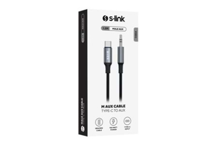 S-link Armor MC-01 1.2m Type-C to M AUX Örgülü Metal Başlıklı Siyah Ses Kablosu