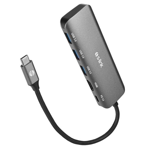 S-link SWV-USBC030 HDMI 4K 30Hz Gri Metal Type-C to 3-USB3.0 6 in 1 1xPD Şarj, 1xUSB-C Adaptör
