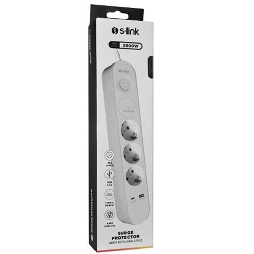 S-link SPG3-PD20 PD20W H05VV-F 3G1.0mm, 1.5m 3 lü 306 J Akım Korumalı Beyaz + Gri Priz