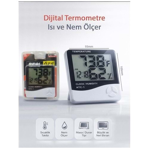 Real Özs HTC-1 Dijital Saat -Alarm - Termometre- Isı Ve Nem Ölçer 