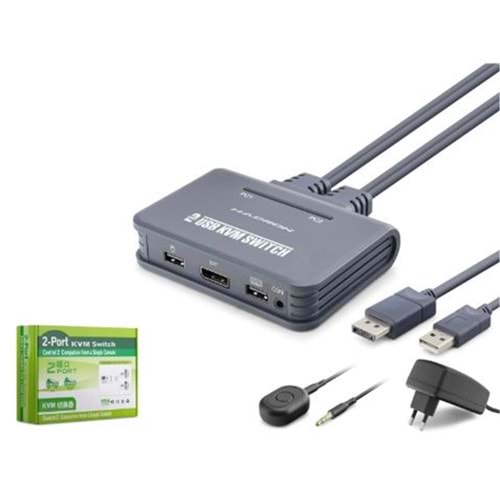 HADRON HDX1427 DisplayPort KVM Switch 2 Console USB Harici Butonlu Dahili Kablolu 2 DP Siyah