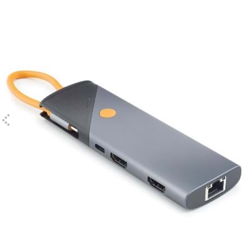 HADRON HDX7878 Type-C Combo Hub PD 100W HDMI 4K 60Hz DP Gigabit LAN Kart Okuyucu 9 Port 5 Gbps Gri
