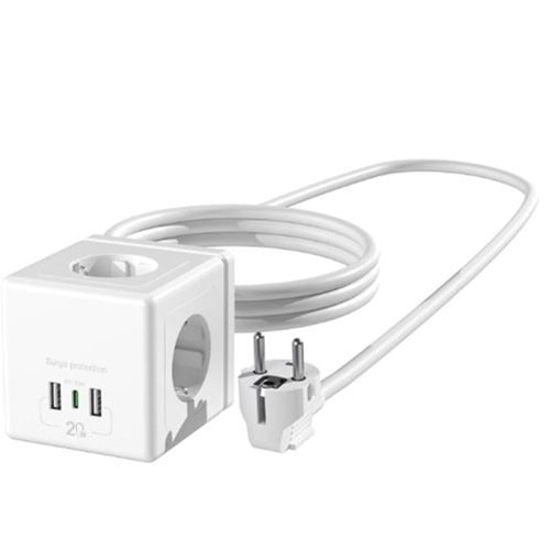 S-link PRZ04 4 Soketli 2 USB 1 Type-C PD20 2M 306 Joule Tam Bakır Küp Beyaz Akım Korumalı Priz
