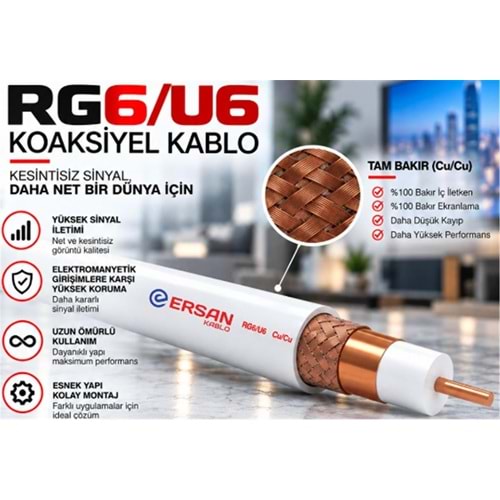 Ersan RG 6-U6 Cu - Cu Class B PVC 100 Metre Beyaz Uydu Kablosu