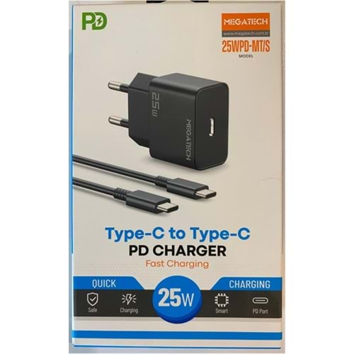Megatech 25Wpd-Mt-S 25w Type-C Ev Şarj Kafa+Type-c to Typec Kablo ( Hızlı Şarj ) 