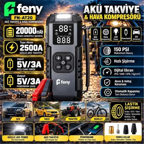 Feny FN-AT20 20.000 Mah 5v-3a Akü Takviye Ve Hava Kompresörü (Lastik Şişirme- Powerbank) Çantalı 