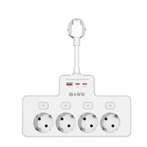 S-link PRZ08 Beyaz 4 Soketli 15cm 1 USB 2 Type-C PD20W Tam Bakır Kablolu Akım Korumalı Priz