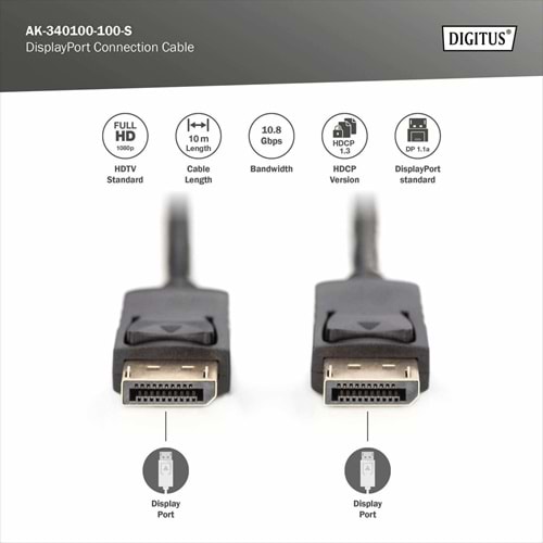 DIGITUS 10metre AK-340100-100-S DP Görüntü Kablosu