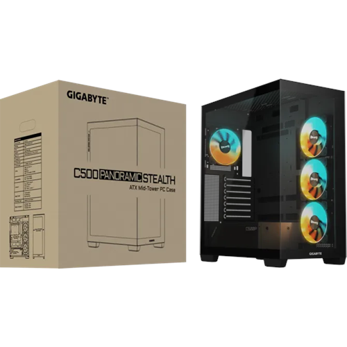 GIGABYTE C500 Panoramic Stealth Ön ve Yan Paneli Temperli Cam 4x ARGB Fanlı Gizli Konnektör Uyumlu Siyah Mid Tower Kasası