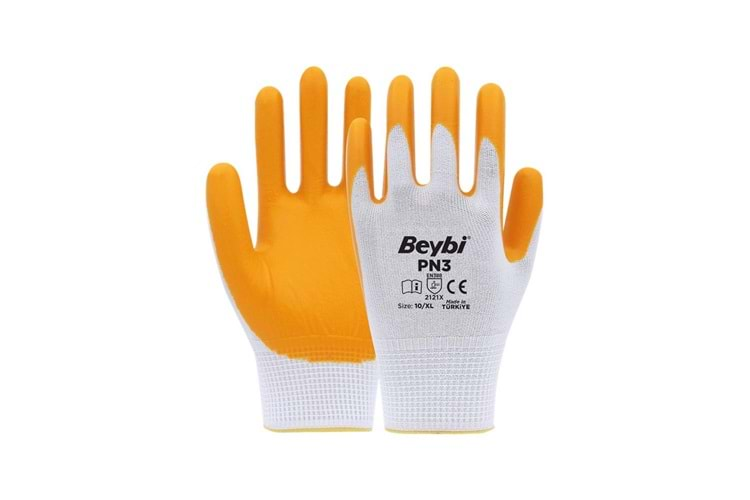 Beybi PN3 Beyaz Sarı 9 Beden Polyester Örme Nitril Eldiven 12li Paket EN388 (2121X)