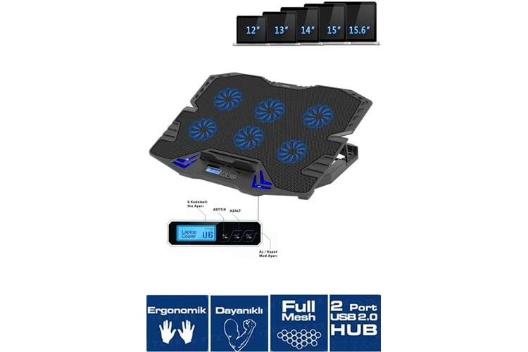 Frisby FNC-5235ST GS6 Notebook Soğutucu (6xFan) LCD Kontrol Panel Metal Izgara 5 Kademeli Yükseklik