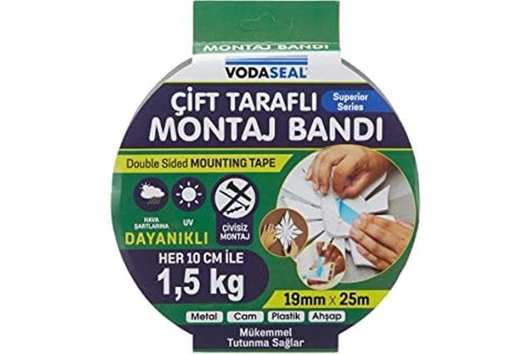 Vodaseal Çift Taraflı Köpük Montoj Bantı 19MMX25mt (Metal-Cam-Plastik-Ahşsap)